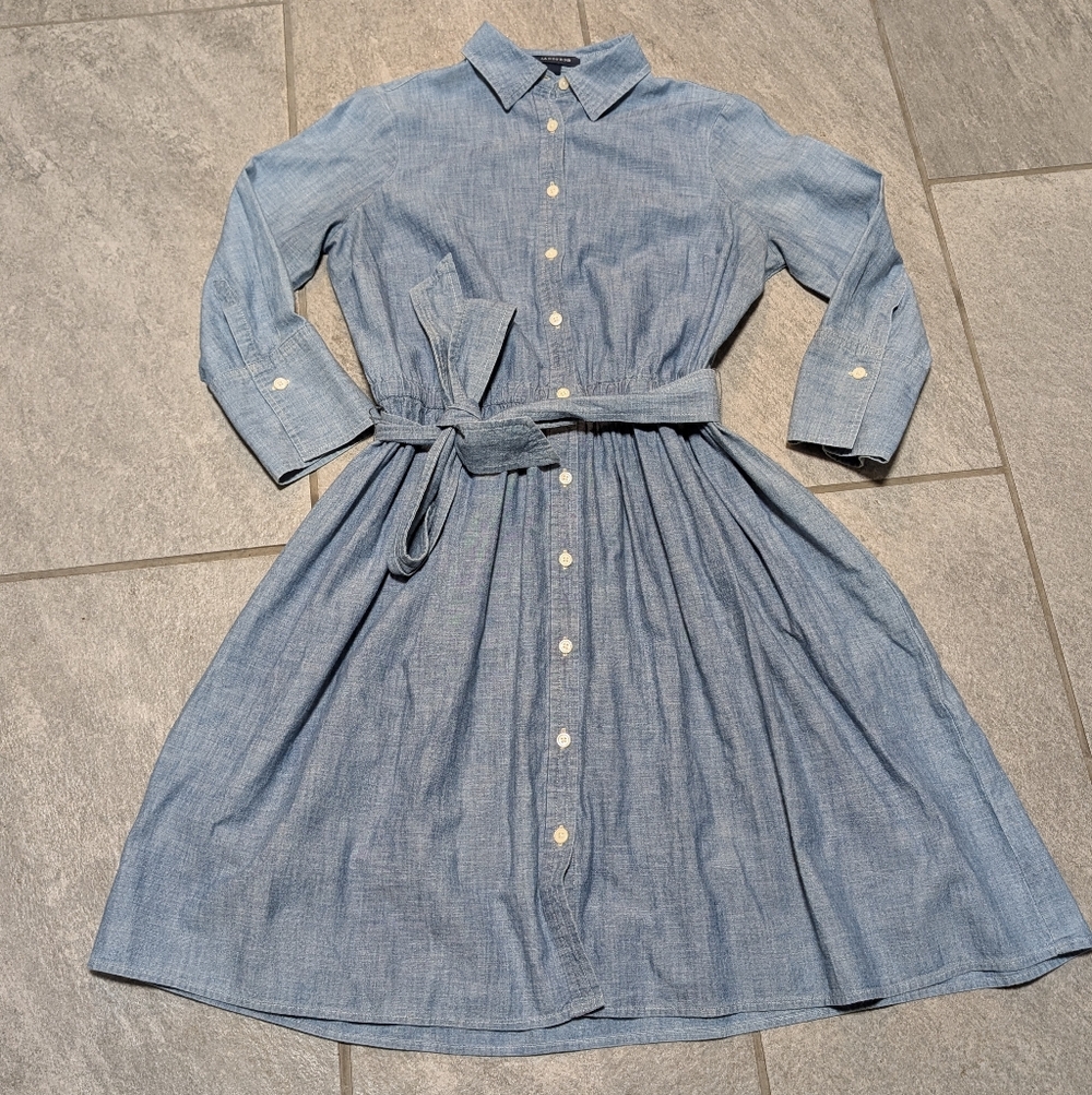 Lands End 100% Cotton Chambray Button-Down Belted Shirt Dress - Light Blue